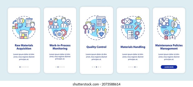 Operations managers duties onboarding mobile app page screen. Business walkthrough 5 steps graphic instructions with concepts. UI, UX, GUI vector template with linear color illustrations