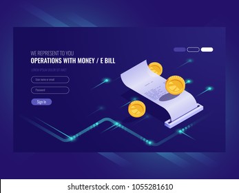 Operations With Money, Electronic Bill, Coin, Chash Transaction, Payment Online Isometric Vector Ultraviolet