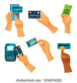 Operaciones con dinero, conjunto de iconos de manos de pago