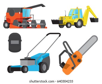 Operative equipment and transport isolated on white. Vector lawn mower, technology digger, harvesting technique, orange chainsaw, welding mask.