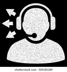 Operator Answer Speech grainy textured icon for overlay watermark stamps. Flat symbol with unclean texture. Dotted vector white ink rubber seal stamp with grunge design on a black background.