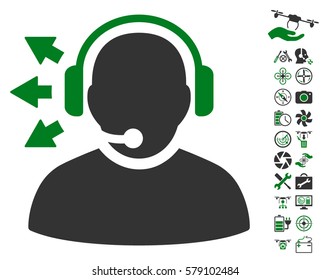 Operator Answer Speech icon with bonus flying drone tools design elements. Vector illustration style is flat iconic green and gray symbols on white background.