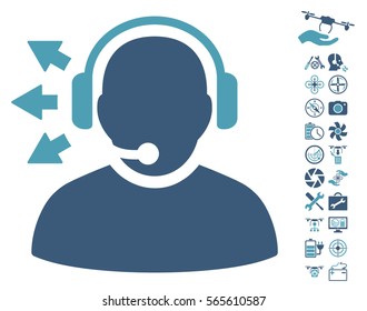 Operator Answer Speech pictograph with bonus airdrone service design elements. Vector illustration style is flat iconic cyan and blue symbols on white background.