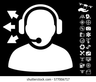 Operator Answer Speech pictograph with bonus quad copter tools icon set. Vector illustration style is flat iconic white symbols on black background.