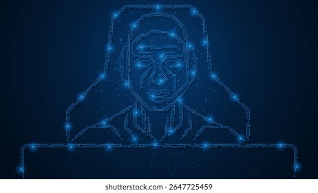 An operator with artificial intelligence in front of the monitor. Silhouette of a man wearing headphones with a microphone made in the style of printed circuit board tracks.