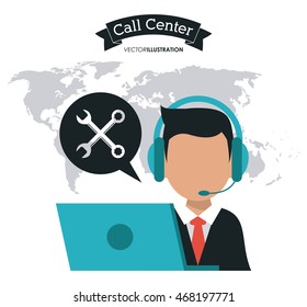 operator assistant man laptop wrench headphone call center technical service icon, Vector illustration