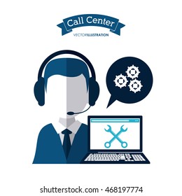 operator assistant man laptop wrench gears headphone call center technical service icon, Vector illustration