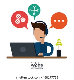 operator assistant man laptop wrench gears headphone call center technical service icon, Vector illustration