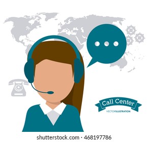 operator assistant woman headphone bubble map phone gears call center technical service icon, Vector illustration