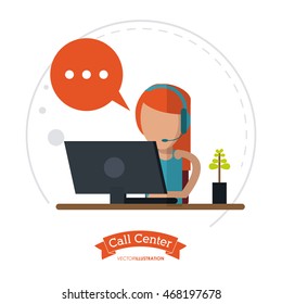 operator assistant woman headphone computer bubble plant call center technical service icon, Vector illustration