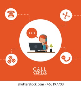 operator assistant woman headphone computer bubble gears wrench phone call center technical service icon, Vector illustration
