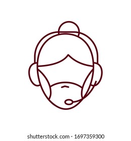 operator assitant woman with mouthmask icon over white background, line style, vector illustration