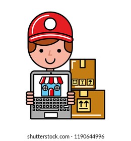 operator boy with laptop delivery boxes online shopping