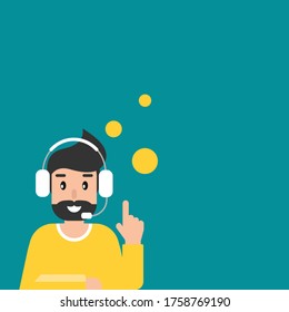 Operator with bubbles, headphones and microphone. flat vector illustration on blue background. Man with headset. consulting, job online, internet. Call center. help