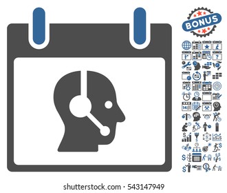 Operator Calendar Day icon with bonus calendar and time management graphic icons. Vector illustration style is flat iconic symbols, cobalt and gray, white background.