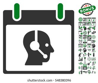 Operator Calendar Day icon with bonus calendar and time management graphic icons. Vector illustration style is flat iconic symbols, green and gray, white background.