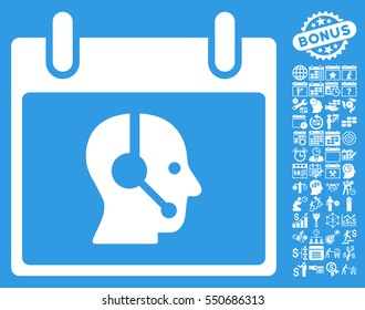 Operator Calendar Day icon with bonus calendar and time management pictograms. Vector illustration style is flat iconic symbols, white, blue background.