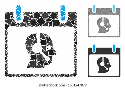 Operator calendar day mosaic of abrupt elements in variable sizes and shades, based on operator calendar day icon. Vector abrupt pieces are united into mosaic.