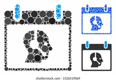 Operator calendar day mosaic for operator calendar day icon of round dots in variable sizes and color tinges. Vector round dots are combined into blue collage.
