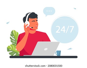 Operator call center. Customer service. Man with headphones, microphone with a laptop. Concept vector illustration for support. hotline operators consult customers with headsets on computers