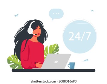 Operator call center. Customer service. Man with headphones, microphone with a laptop. Concept vector illustration for support. hotline operators consult customers with headsets on computers