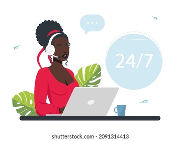 Operator call center. Customer service. Man with headphones, microphone with a laptop. Concept vector illustration for support. hotline operators consult customers with headsets on computers