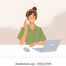 Operator of call center in headset consulting clients online. Worker of hotline service working at desk with laptop. Colored flat vector illustration of agent in customer support department