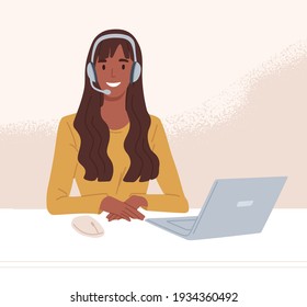 Operator of call center in headset consulting customers online. Worker of helpline service working at desk with laptop. Colored flat vector illustration of agent in technical support department