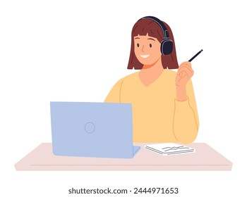 Operator of call center in headset consulting customers online. Worker of helpline service working at desk with laptop. Colored flat vector illustration of agent in technical support department