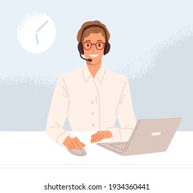 Operator of call center in headset working at workplace and consulting customers online. Smiling worker of hotline service. Colored flat vector illustration of agent in technical support department