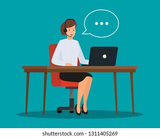 Operator of call center office consulting a client. Girl telephone consultant in workplace. Online customer service concept. Vector illustration design. EPS 10.