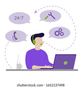 Operador de la oficina del centro de llamadas consultando a un cliente. Concepto de servicio al cliente en línea. Diseño de ilustración vectorial. Soporte para clientes, línea de ayuda para clientes, Vector plano de asistencia técnica en línea