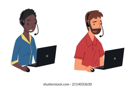 Operator of Call Center Office Sitting in Front of Laptop Working in Headphones Vector Set