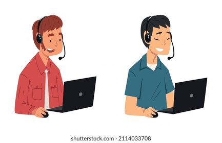 Operator of Call Center Office Sitting in Front of Laptop Working in Headphones Vector Set