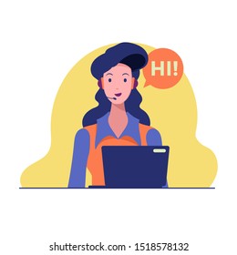 Operator of call center office working in headphones and mic and say hi. Customer service character