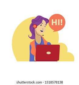 Operator of call center office working in headphones and mic and say hi. Customer service character