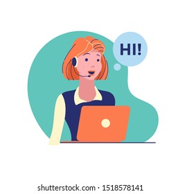 Operator of call center office working in headphones and mic and say hi. Customer service character