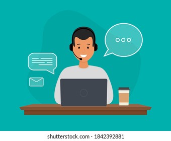 Operator of call center office working in headphones. Сustomer service concept. Hotline worker. Flat style vector illustration.