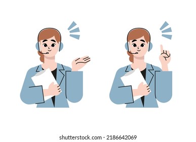 Operator of call center office working in headphones. Customer service character. Flat drawn style vector design illustration