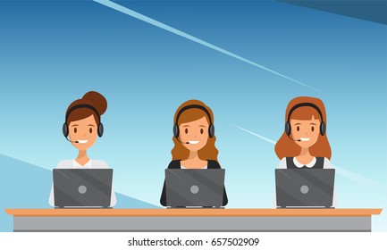 Operator of call center office working in headphones. Customer service character. Illustration vector.