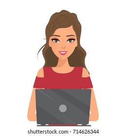 Operator of call center office working with laptop. Illustration vector of character design.