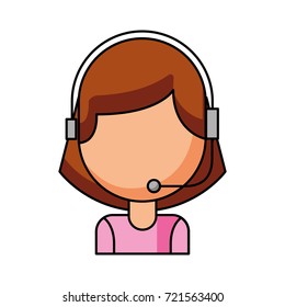 operator of call center office working in headphones with mic at her laptop computer