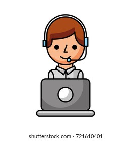 operator of call center office working in headphones with mic at her laptop computer