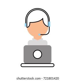 operator of call center office working in headphones with mic at her laptop computer