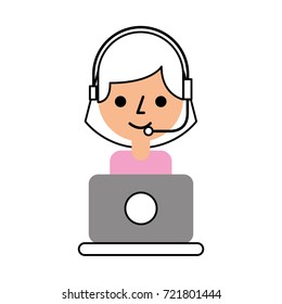 operator of call center office working in headphones with mic at her laptop computer