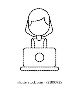 operator of call center office working in headphones with mic at her laptop computer