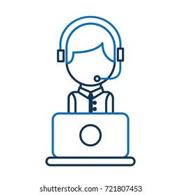 operator of call center office working in headphones with mic at her laptop computer