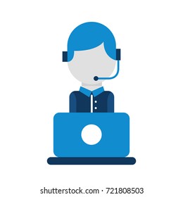 operator of call center office working in headphones with mic at her laptop computer