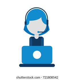 operator of call center office working in headphones with mic at her laptop computer