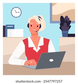 Operator of call center at work in office of customer support service, communication with client. Happy helpline agent with headset solving complaint problem at laptop cartoon vector illustration